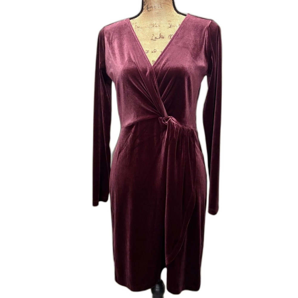 NWT LOFT Burgundy Velvet Faux‎ Wrap Dress Long Sleeve Holiday Party Size Small
